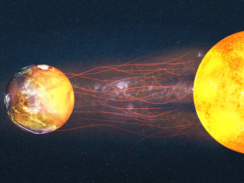 Mars losing its atmosphere and green landscape due to solar radiation. Element of this 3D rendered illustration were furnished by NASA