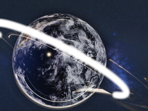 Earth with a Radiant Light Halo and Atmospheric Glow. Night Earth Suspended Inside a Cosmic Luminous Ring. Element of this 3D rendered illustration were furnished by NASA