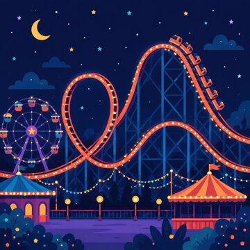 Illuminated Roller Coaster in a Flat Vector Night Park