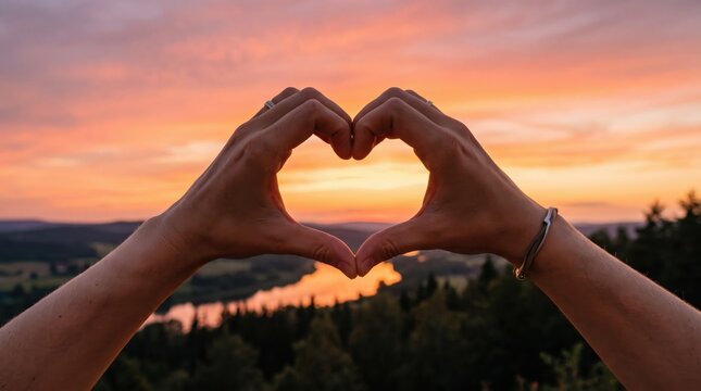 Couple hands making heart shape gesture against beautiful colorful sunset sky over river landscape, romantic love, nature, travel photography, honeymoon vacation