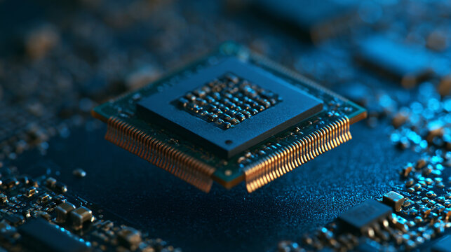 Modern microchip processor floating above a high tech motherboard with advanced electronic circuits and glowing blue light