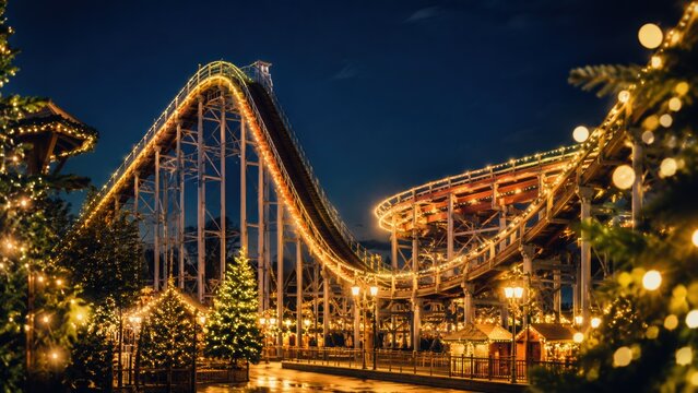 Roller Coaster Decorated with Warm Seasonal Lights at Night