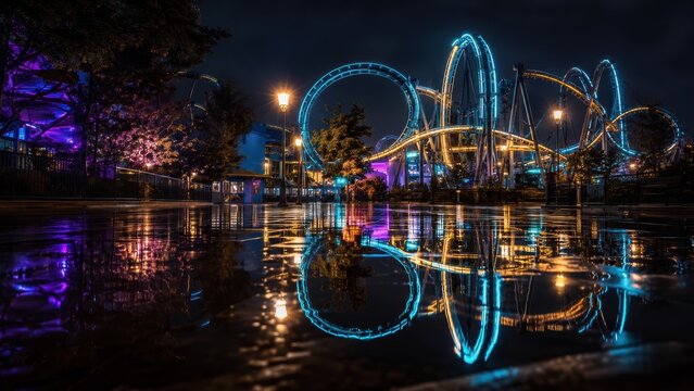 Illuminated Roller Coaster Reflected on Wet Pavement at Night