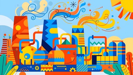 Obraz premium Vibrant Alegria Style Factory Scene with Oversized Geometric Chimneys, Abstract Swirling Clouds, Colorful Storage Tanks, and Looping Pipes