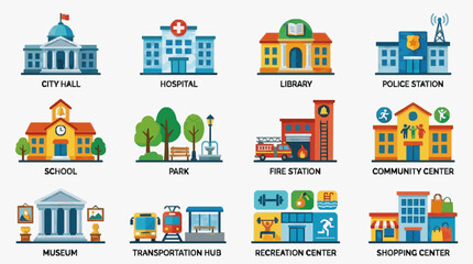 Fototapeta premium Corporate Infographic Icons Showing Colorful City Landmarks and Facilities City Hall Hospital Library Police Station School Park Fire Station Community Center Museum Transportation Hub Recreation 