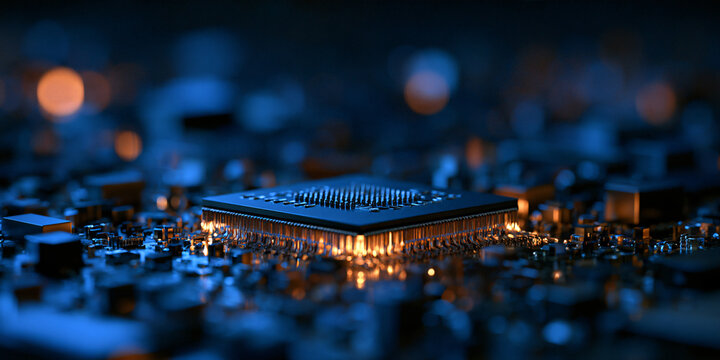 Modern microchip on a glowing blue computer motherboard with intricate electronic components