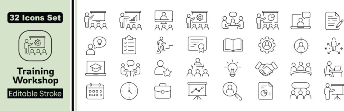 32 Training Workshop Vector Outline Icons Set &ndash; Presentation, Seminar, Coaching, Teamwork and Professional Development Line Symbols Collection
