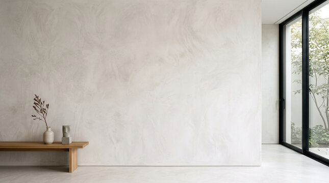 White microcement wall texture background. Minimalist interior with wooden bench and decor.