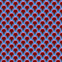 Vibrant tie-dye fish scale seamless pattern with maroon, cyan blue, and bright pink wavy texture © enianida