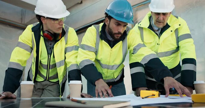 Engineer, team and writing at site with document, blueprint and circuit planning for construction. People, electrician or talk at worksite with paperwork, electrical system and building collaboration