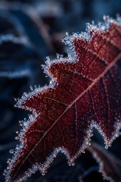 Frost on a red leaf captures winter's arrival in a garden during early morning hours