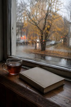 Rain falls outside a window with a cup of tea and an empty book on a wooden sill
