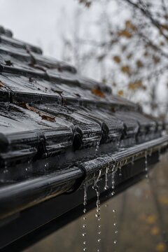 Rainwater flowing from a rooftop during a cloudy day in autumn