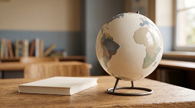 A terrestrial globe and a closed book on a wooden desk in a classroom setting