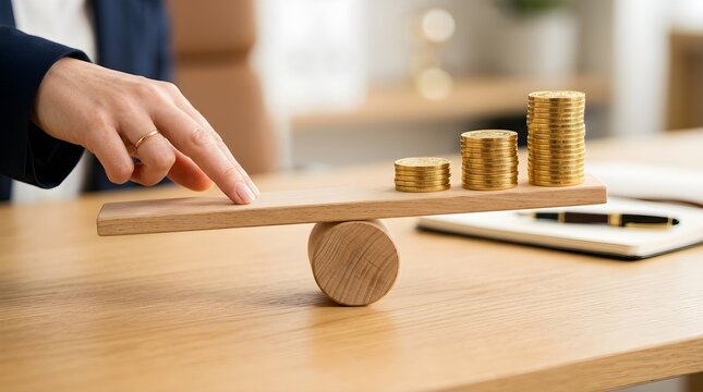 Hand Balancing Stacked Coins on Wooden Seesaw Scale