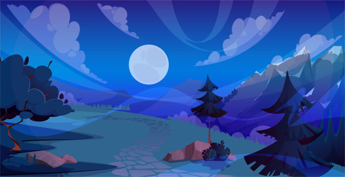 Mountain landscape with pine tree and rock, cloud and bright moon under night sky. Fantasy scenery, medieval architecture and peaceful natural environment in cartoon style. Vector horror artwork