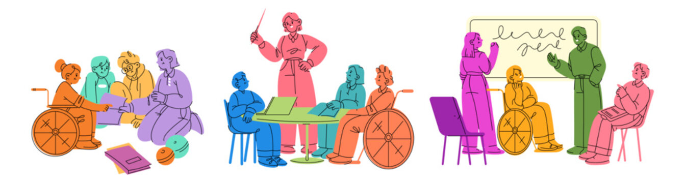 Inclusive classrooms scenes. Diverse students and teachers learning together. Teamwork, discussion and digital activity. Vector friendly educational with group collaboration and laptop presentation