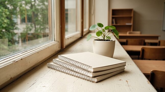 Stack of three spiral notebooks and a potted pilea plant on a wooden windowsill in a sunlit empty classroom