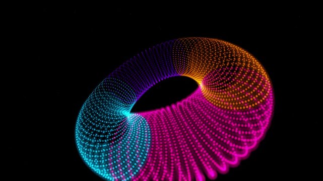 A 3D holographic torus vortex with twisting neon pink and blue particles rotating smoothly. Glowing digital data streams loop on a dark background, perfect for futuristic technology promos, cyberpunk 