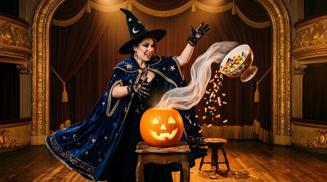 Halloween witch performing magic on stage, sorceress casting spell with glowing pumpkin, theatrical wizard show with candy