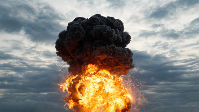 A violent explosion produces bright orange flames and thick dark smoke, set against a cloudy sky backdrop.
