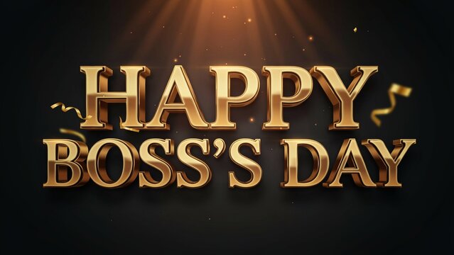 Golden Happy Boss's Day 3D text, luxury corporate celebration banner, elegant gold lettering on black background with confetti