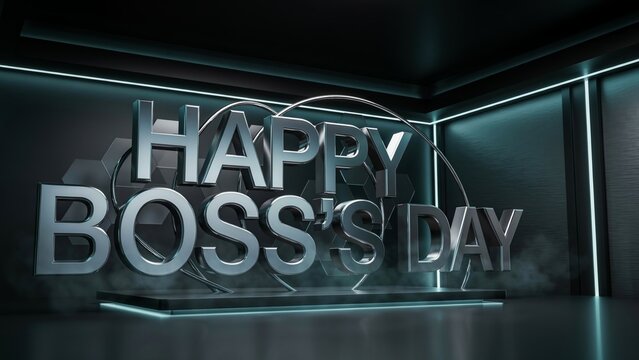 Happy Boss's Day 3D metallic text, professional corporate celebration background, industrial silver typography in dark studio