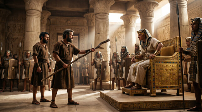 Moses and Aaron standing boldly before a furious Pharaoh, demanding "Let my people go" in the grand throne room