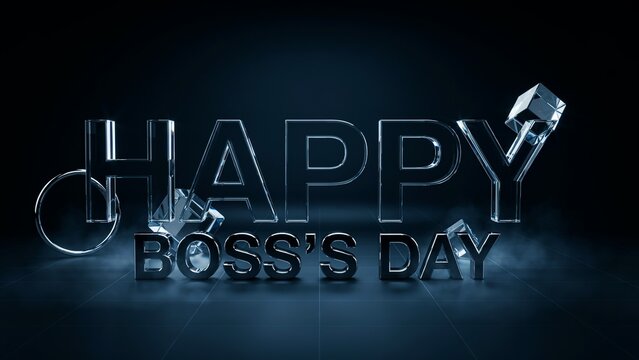 Happy Boss's Day 3D glass text on dark background. Corporate celebration greeting with metallic chrome letters. Professional office holiday banner.