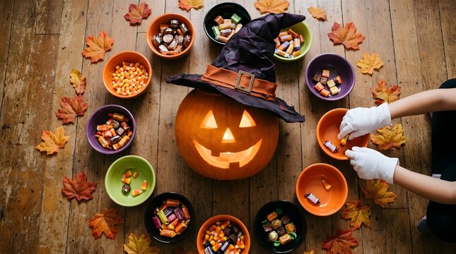 Halloween jack-o-lantern pumpkin with witch hat, child hands sorting trick or treat candy on wooden floor, autumn holiday background