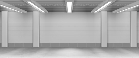 Fototapeta premium Industrial interior with pillars, mounted lamps and expansive wall. Storage and manufacturing spaces. Vector working environments for movement and organization. Commercial and operational facilities