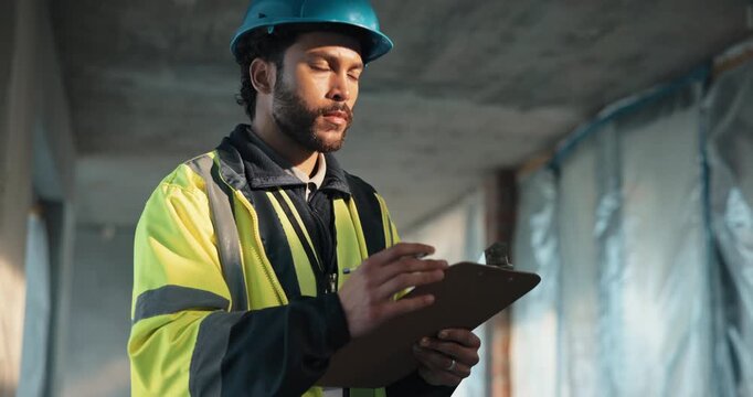 Man, electrician and writing at site with clipboard, inspection and circuit compliance for construction. Thinking, person and checklist at worksite for protocol, electrical report and building safety