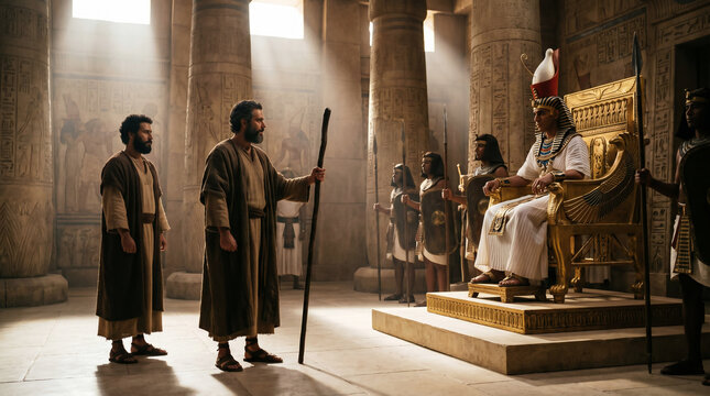 Moses and Aaron standing boldly before a furious Pharaoh, demanding "Let my people go" in the grand throne room