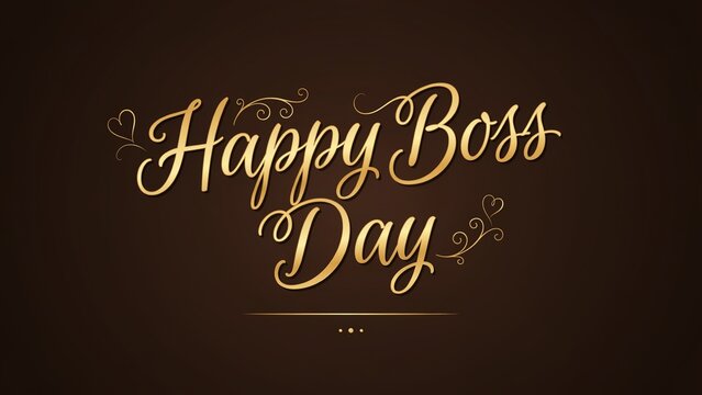 Elegant Happy Boss Day typography, gold script lettering on dark brown background, professional greeting card for office celebration