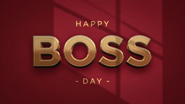 Happy Boss Day greeting card, elegant gold 3D lettering on dark red background, professional corporate celebration banner