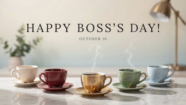 Happy Boss's Day October 16 greeting. Colorful coffee cups on office desk. Professional corporate celebration banner with steaming espresso mugs.