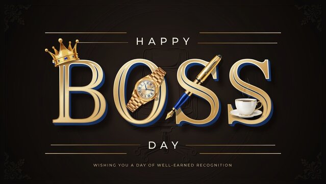 Elegant Happy Boss Day greeting card, luxury gold typography with crown and watch, professional corporate recognition banner