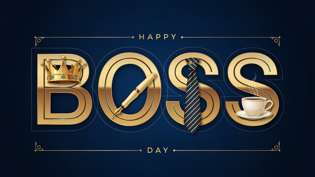 Happy Boss Day elegant greeting card, gold typography with crown and tie, professional corporate celebration banner on dark blue background