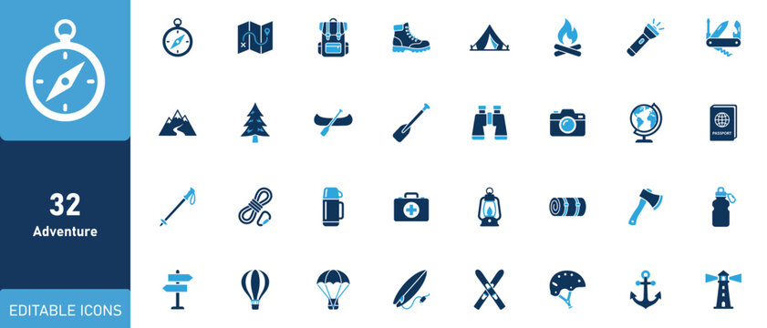 Comprehensive collection of travel and adventure themed vector graphic elements presented as a professional icon set for design