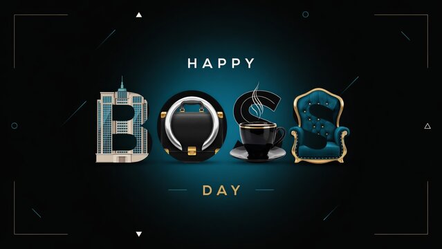 Happy Boss Day greeting card, professional business celebration banner, executive office icons on dark blue background
