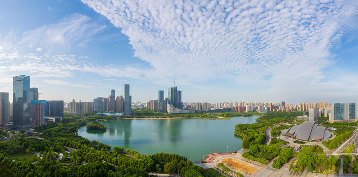 Sunrise scenery of Swan Lake and the CBD business district skyline in Hefei, China.