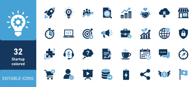 A comprehensive blue business and marketing icon set featuring thirty two unique vector symbols for digital projects