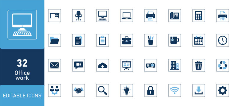 A comprehensive digital technology icon set featuring various computer hardware and software interface symbols for modern web design