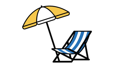 Naklejka premium Striped deck chair and beach umbrella on a sunny day with minimal flat design style and summer vacation concept