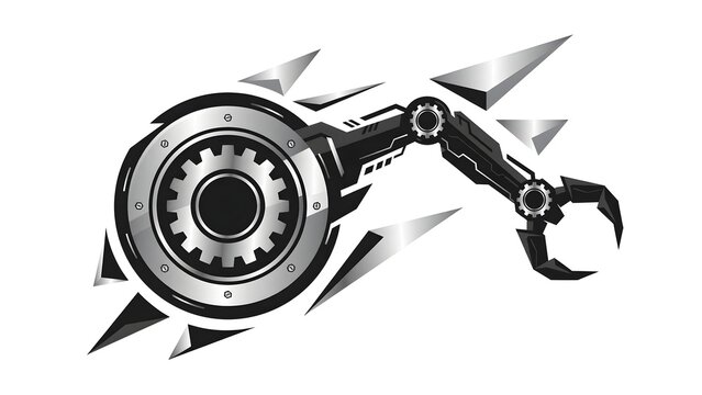 Sleek Vector Logo Concept Presentation Background, Robotic Arm Integrated Mechanical Gear Dynamic Sharp Geometry Black Metallic Silver Vector Design