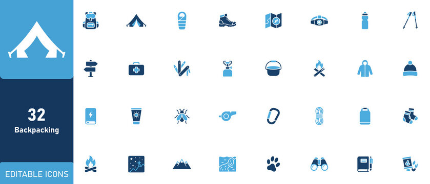 Comprehensive camping and outdoor adventure themed icon set featuring thirty two essential travel and nature exploration symbols