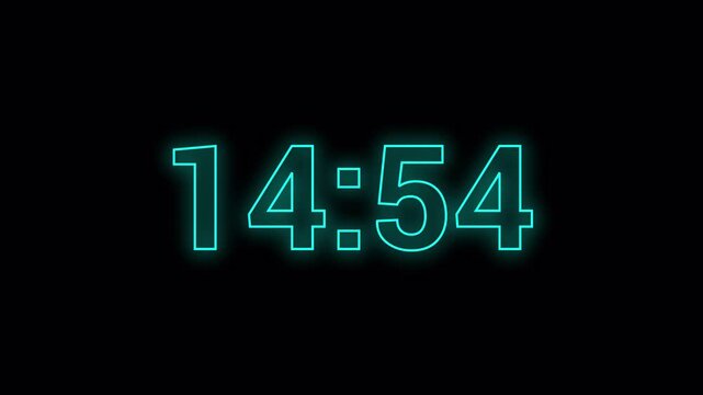 neon glowing 15 minutes countdown animation timer bold number time countdown, Digital timer animation 1-minute countdown from 15 to 14 minutes on transparent background in 4k.