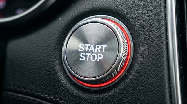 Close-up of a modern car start stop engine button with glowing red LED illumination