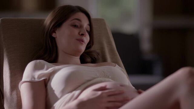 Pregnant woman relaxing in a chair while gently touching her baby bump in a calm setting