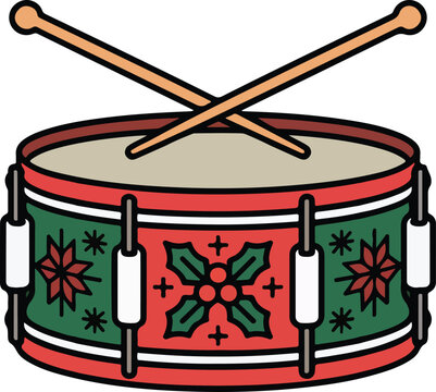 A festive drum adorned with vibrant red green and white patterns featuring stars crosses and floral